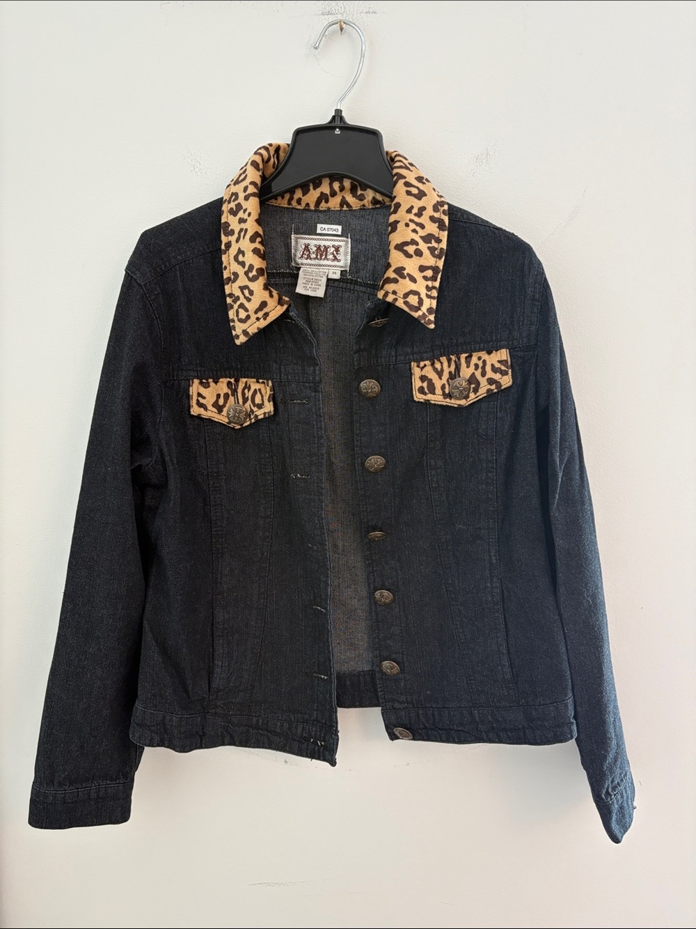 AMX Vintage/ Y2K Dark Denim Jacket with Leopard Trim Size M